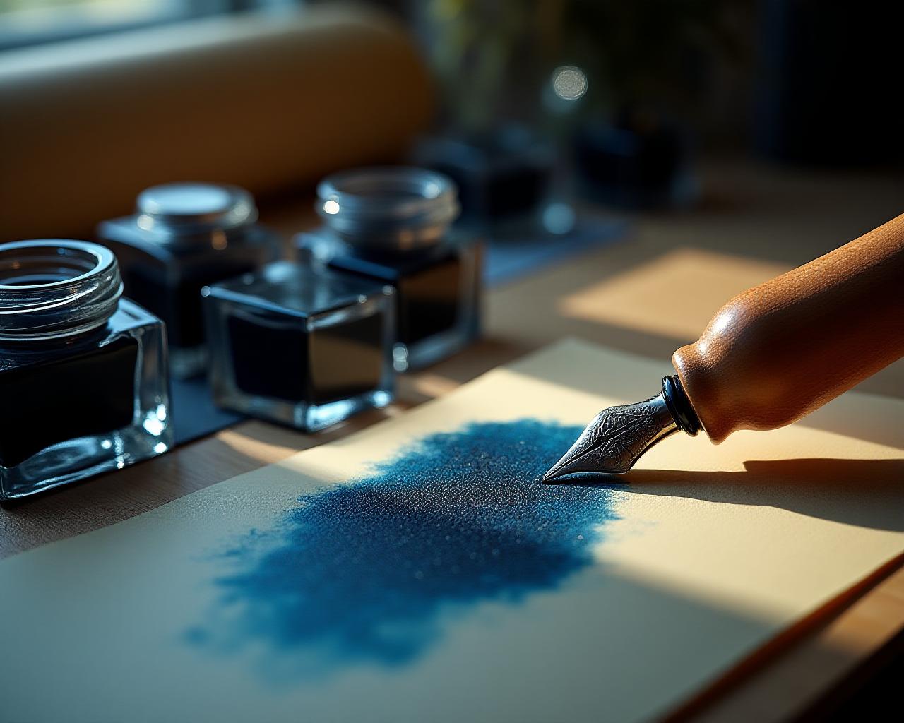 Close up of a calligraphy artist's desk with ink and brushes